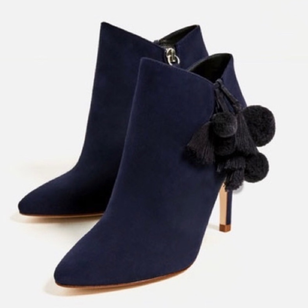 Zara leather high heel booties with Pom Pom tassel
